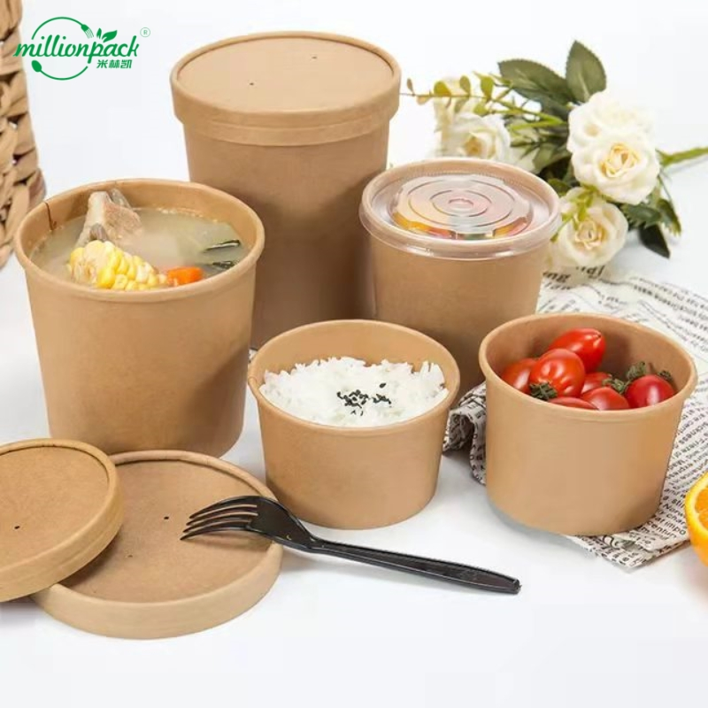 Compostable Paper Soup Cup Kraft Paper Bowl with Lid for Sustainable Use