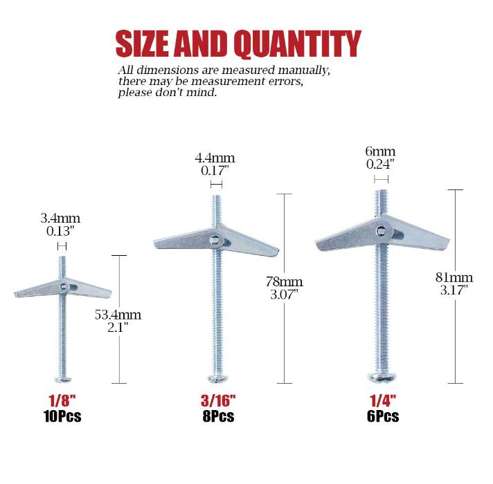 24PCS 1/4" 3/16" 1/8" Zinc Plated Round Head Toggle Bolt Assortment Kit