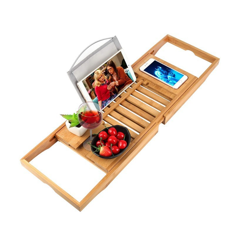 Elegant Bamboo Bathtub Rack with Wine, Book, and Tablet Holder