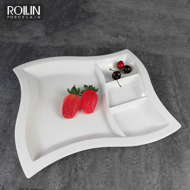 White Porcelain Divided Snack Plates for Hotels