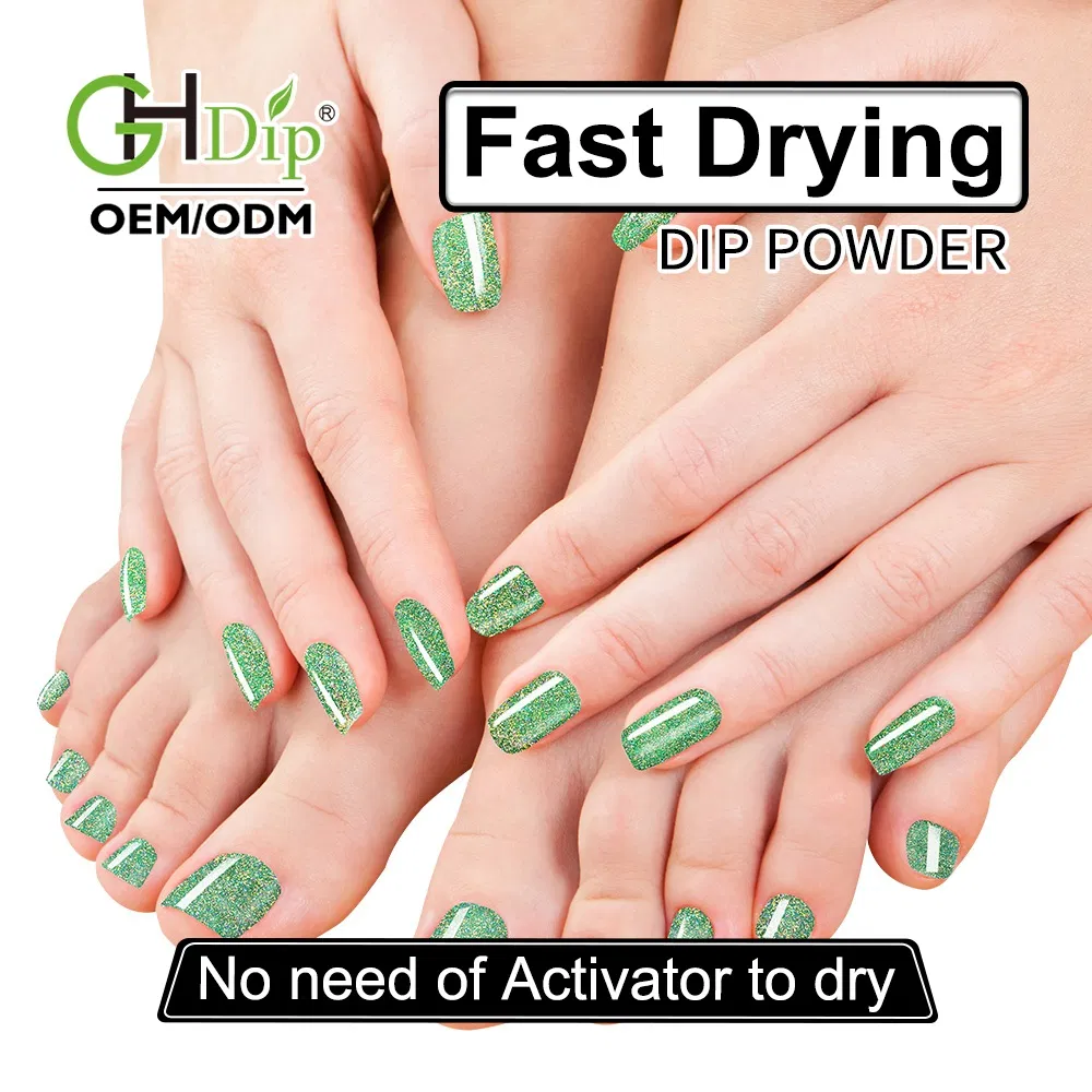 Green Color Glitter Nail Fast Drying Dipping Powder 3 in 1 Match Gel and Lacquer
