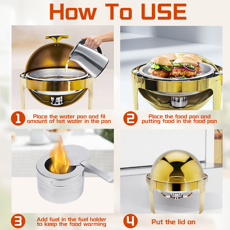 Daosheng Wholesale Luxury High Quality Gold Color 6L Stainless Steel Chafing Dish Round Rolling Top Buffet Stove