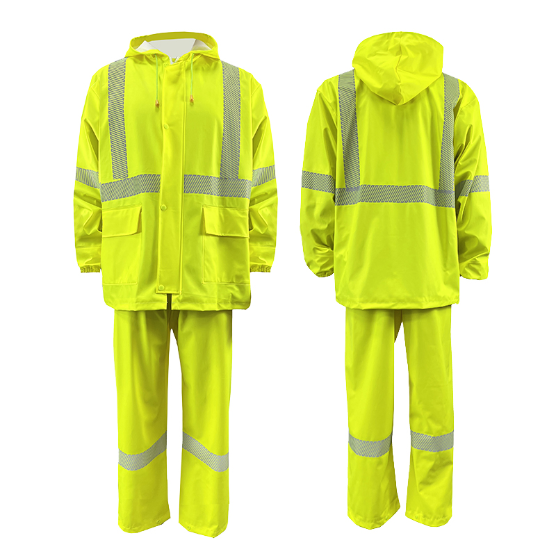 Premium Waterproof Safety Work Reflective Rain Coat Semi PU Rainsuit for Men