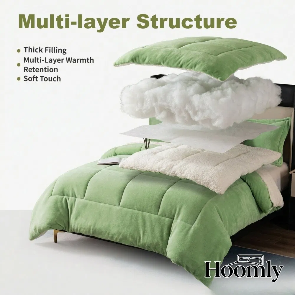 Hoomly Luxury Green Reversible Sherpa Fleece & Flannel Velvet Comforter Set Home Textile Quilting Blanket