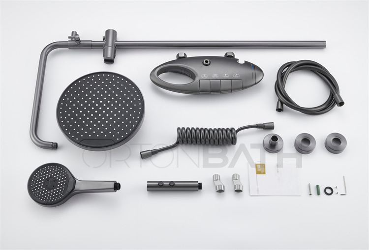 Ortonbath Thermostatic Piano Key Gun Metal Shower Faucet Set with Digital Display Ambient Lights Shower Combo Set with 12"Rain Shower Head