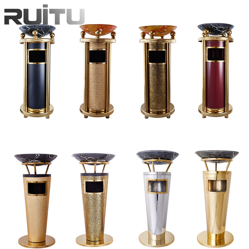 Stainless Steel Luxury Hotel Trash Can Bins Lobby Vertical Round Elevator Entrance KTV Corridor Ash with Marble Standing Hotel Room Gold Trash Can Bin