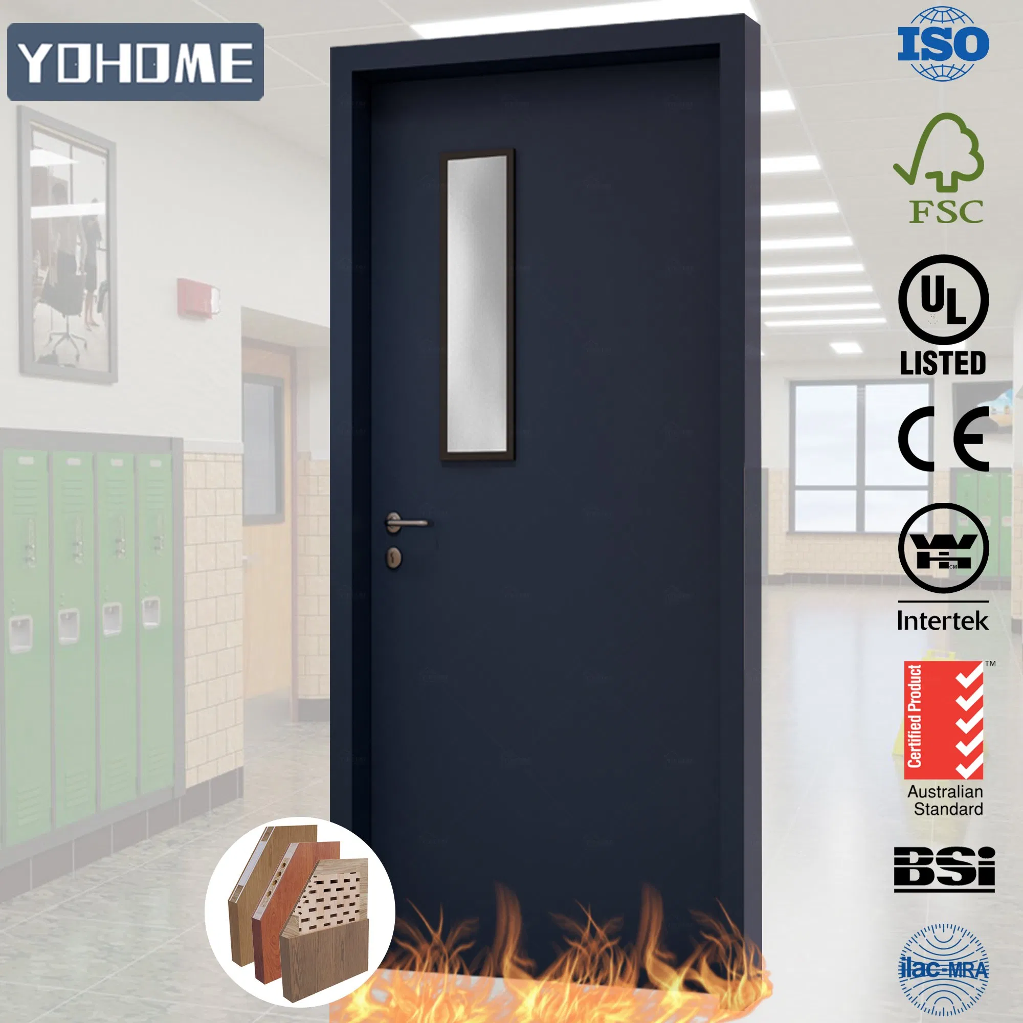 EU Swiss France Italy Germany UK Standard Fire Door Fire-Resistant Wooden Doors School Classroom Door with Top Panel Glass