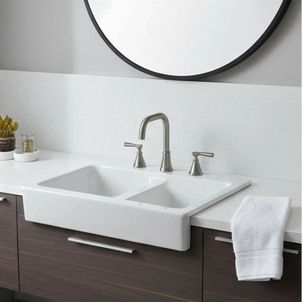 Sally White Acrylic 33.8X22.8X10.4 Inch Drop-in Basin Vanity Cabinet Washing Double Bowl Laundry Sink for Shower Room Bathroom or Kitchen