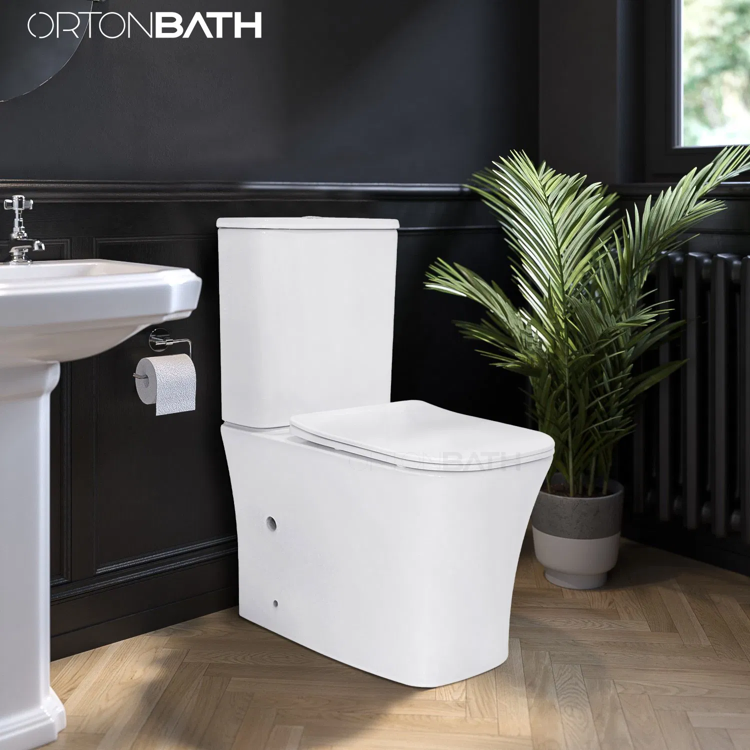 Ortonbath New Design Rectangular Bowl Close Coupled Sanitary Ware Wc Toilet with Short Projection Fully Back to Wall Two Piece Toilet Bowl with Seat Cover