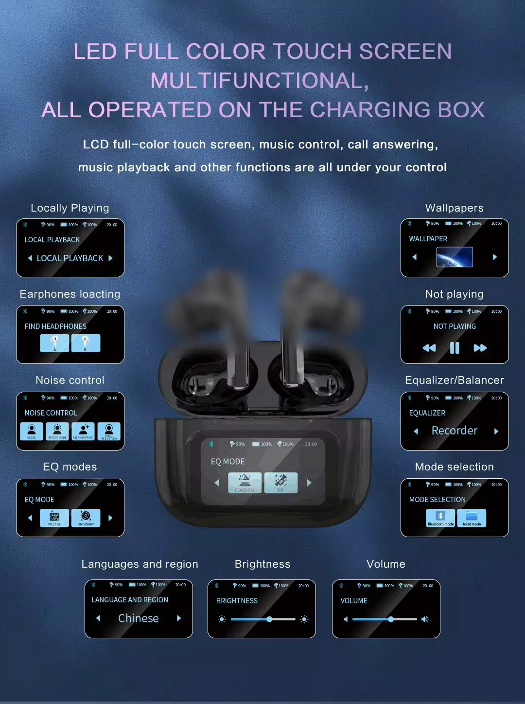 Custom Branding Earphone High-Performance Anc Enc Noise Cancellation Ipx5 Waterproof Wireless Earbuds with Light Screen