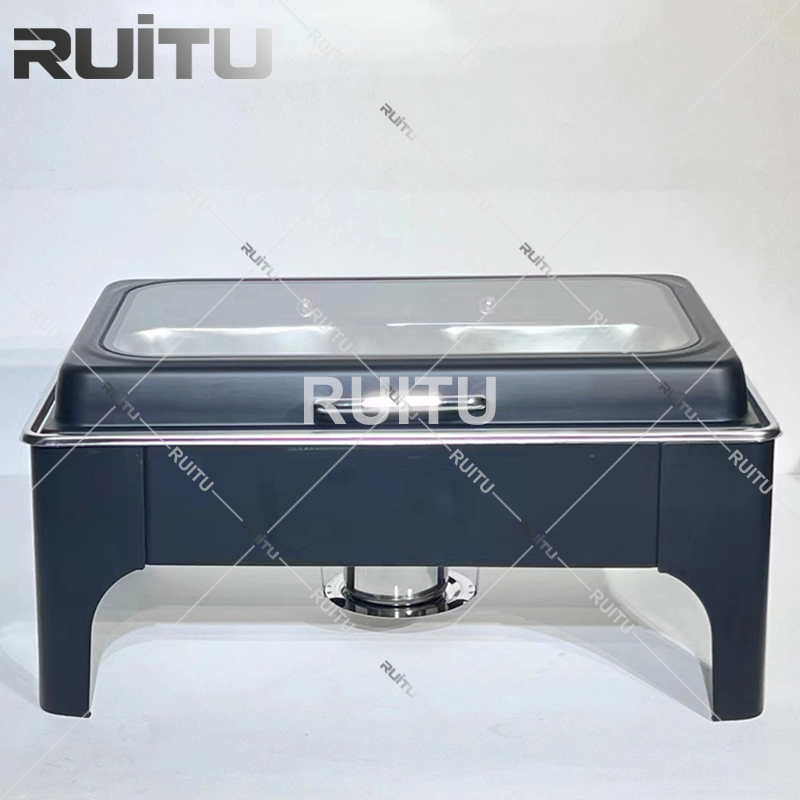 Commercial Catering Luxury Electric Fuel Chaffing Dishes 9L Oblong Cheffing Dish Stainless Steel Buffet Catering Food Warmer Big Glass Top Black Chafing Dish