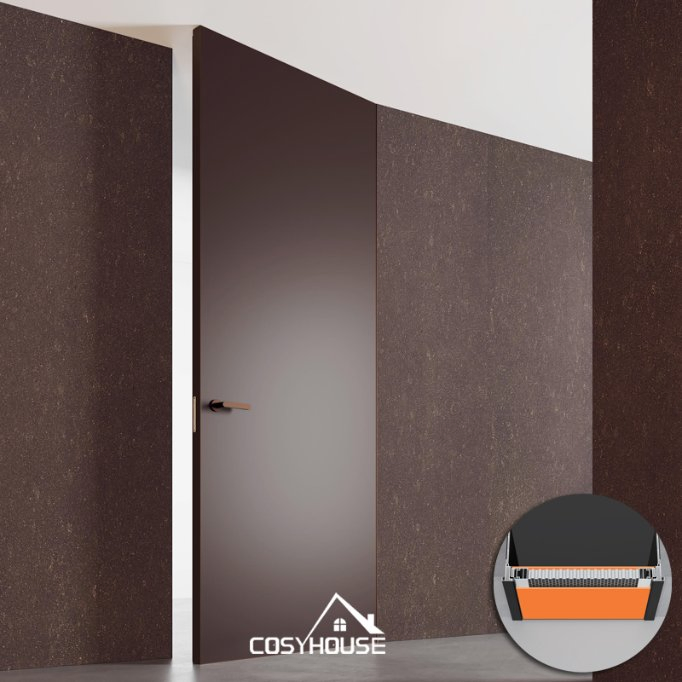 Sophisticated Hidden Wood Door with Slim Aluminum Border for Urban Interiors