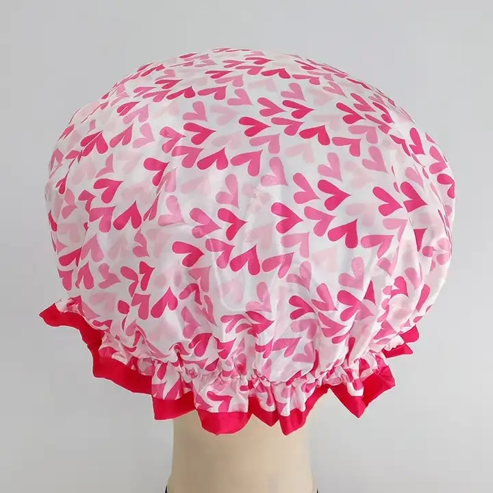 High Quality Loving Heart Printing Shower Caps Satin Waterproof Shower Cap