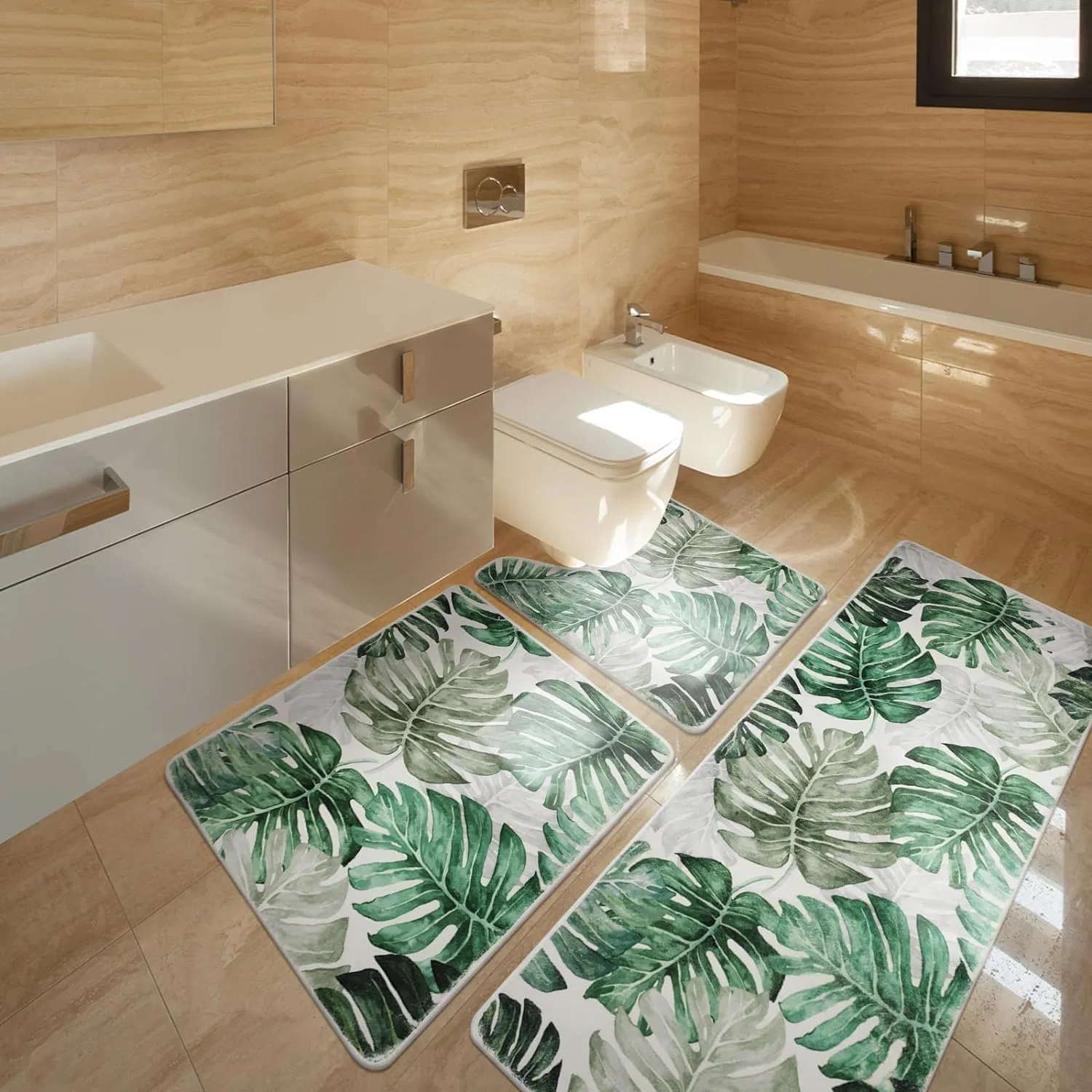Clearance 3 Pieces Green Monstera Rug Washable Large Long Bathroom Strong Water Absorbent Rugs Non Slip Matting