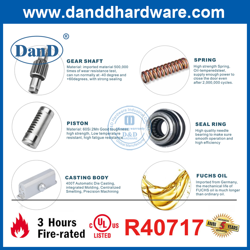 Heavy Duty UL Fireproof Aluminum Hydraulic Adjustable Commercial Hardware Door Closer