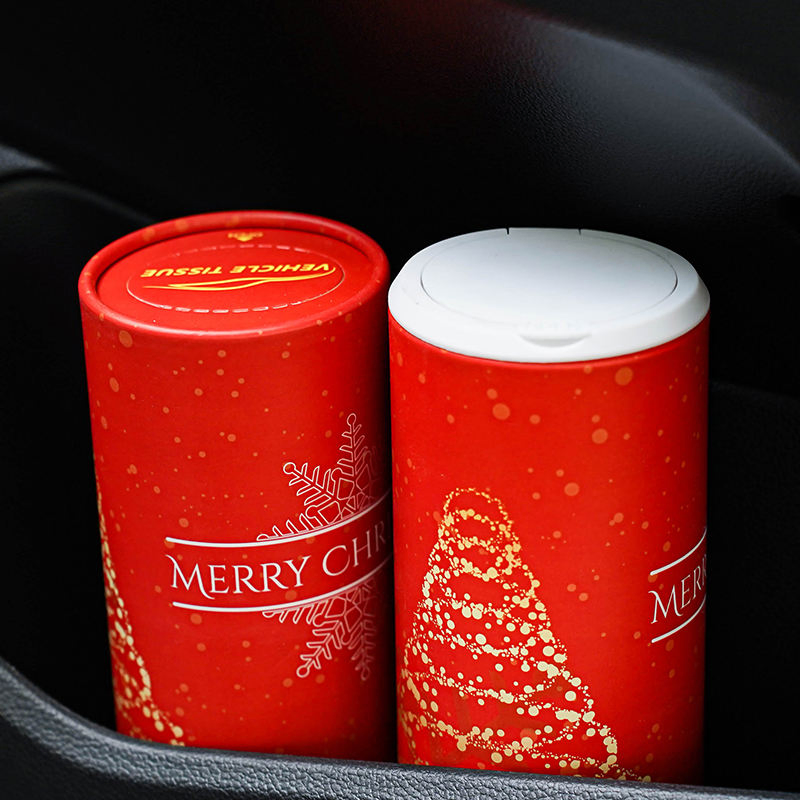 Christmas Design Eco-Friendly Disposable Cylinder Tissue Box Quality Soft Car Facial Tissues