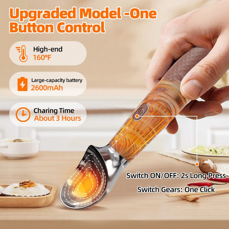 New Waterproof Ice Cream Scooper with LED Display Seniors & Kids Rechargeable Electric Warming Scooper Heated Ice Cream Scoop