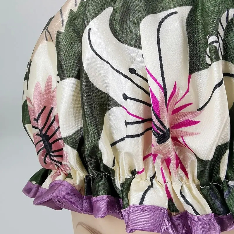 High Quality Greenish Lily Printing Satin Shower Caps