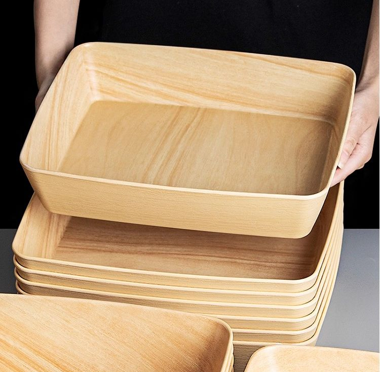 Customizable Melamine Square Serving Tray Set in Wooden Finish