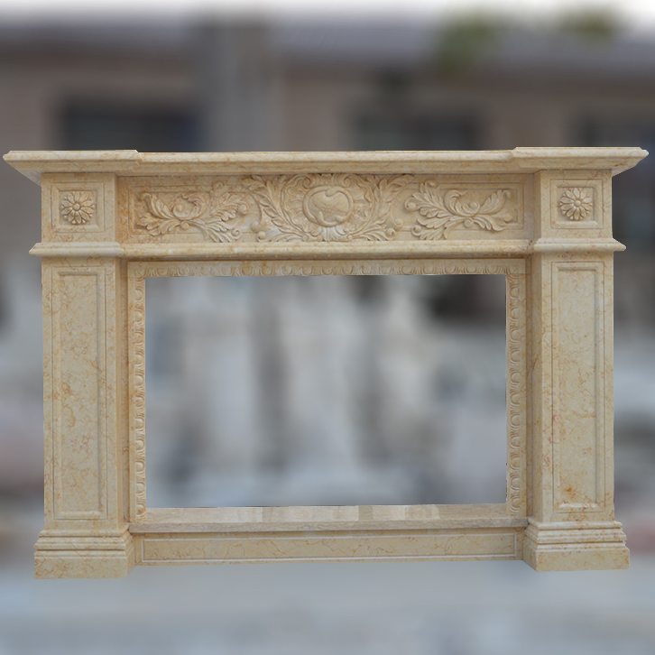 Hand Carved Natural Stone Beige Marble Fireplace Surround