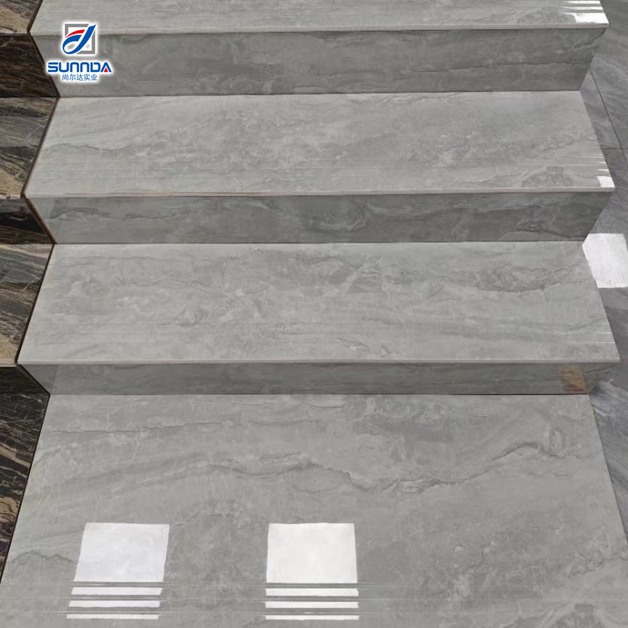 New Trend Plated Gold Glossy Shinny Surface Landing Groove Lines Anti Slippery Staircase Step Porcelain Floor Tiles for Hotel House Villa