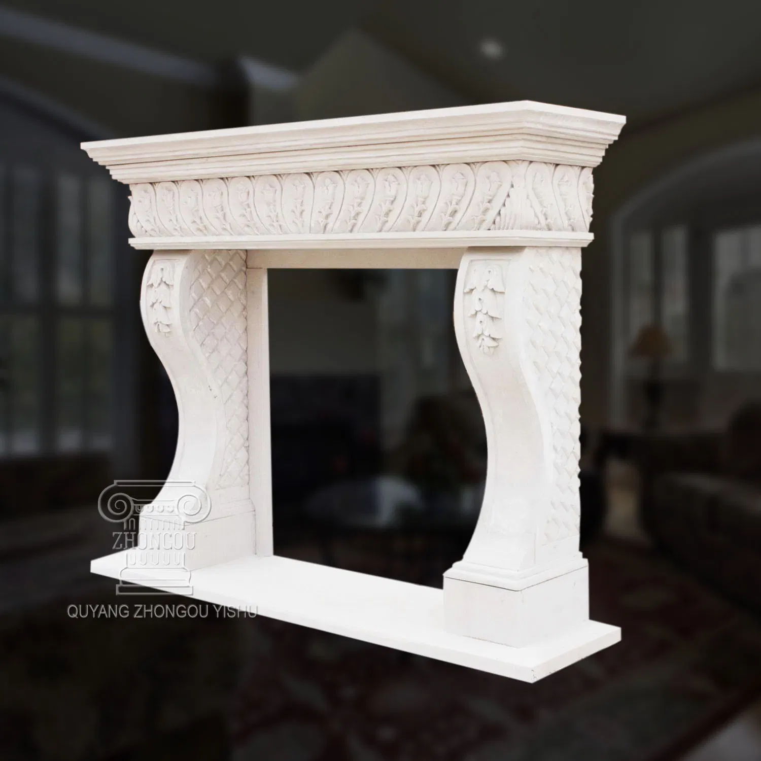 Great Marble Fireplace in Fine Hand-Carved Floral Design Quality
