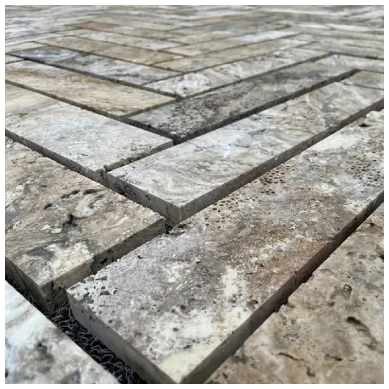Silver Grey Travertine Herringbone Mosaic Tiles