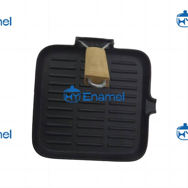 Flat Bottom 22cm Square Shape Roasting BBQ Grill Skillet Cast Iron Beef Steak Frying Pan with Foldable Wooden Handle