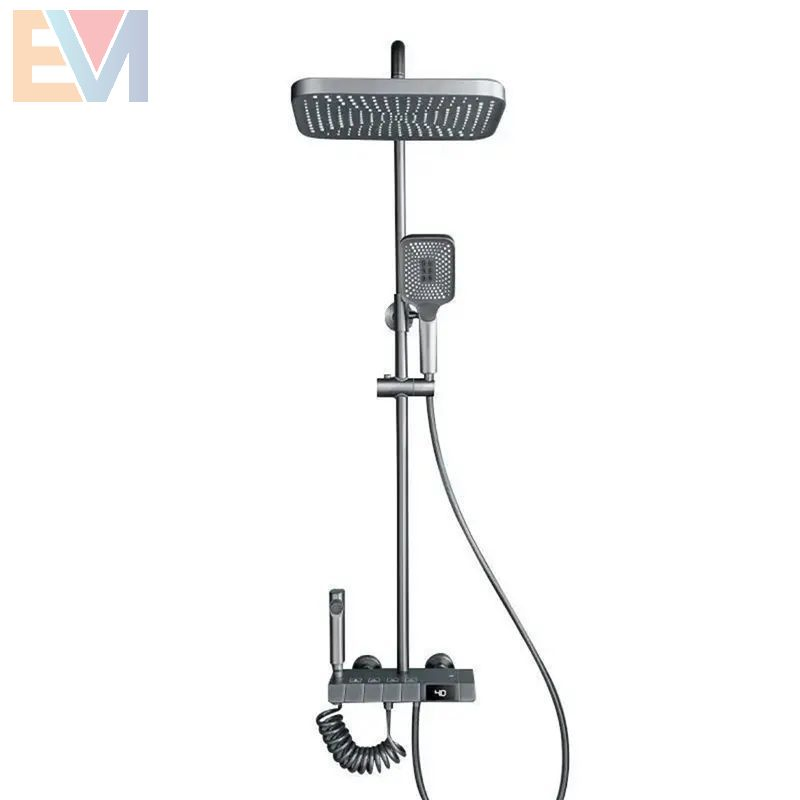 Brass Shower System Gun Gray LED Digital Display Bathroom Shower Faucet Piano Keys Bathtub Rain Shower Set