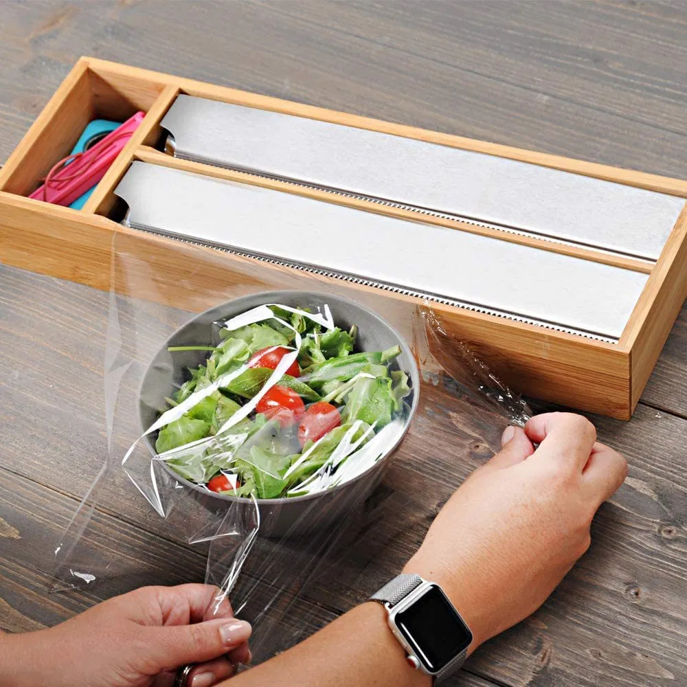 Bamboo Wood Foil Dispenser Organizer Tray for The Drawer