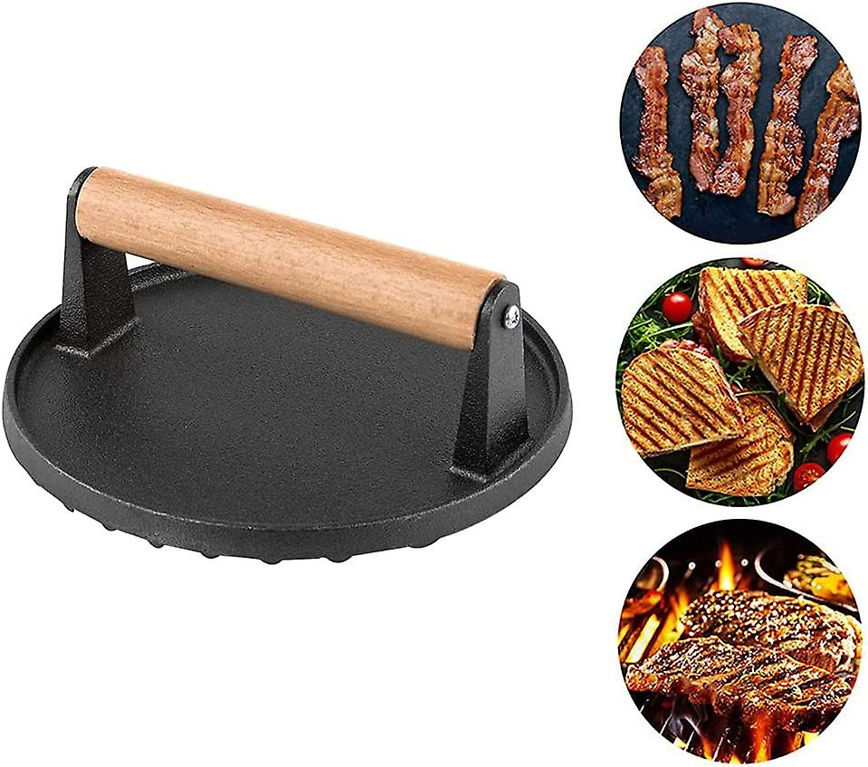 Factory High Quality Black Pre-Seasoned Cast Iron Ribbed Meat / Bacon / Grill Press for Cast Iron Cookware Set