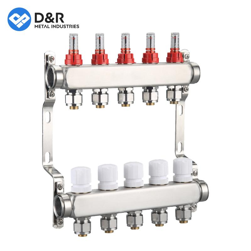 D&R 2024 New Arrived DN25 Stainless Steel Water 2~15 Loop Distribution Flow Meter Manifold for Floor Heating Systems
