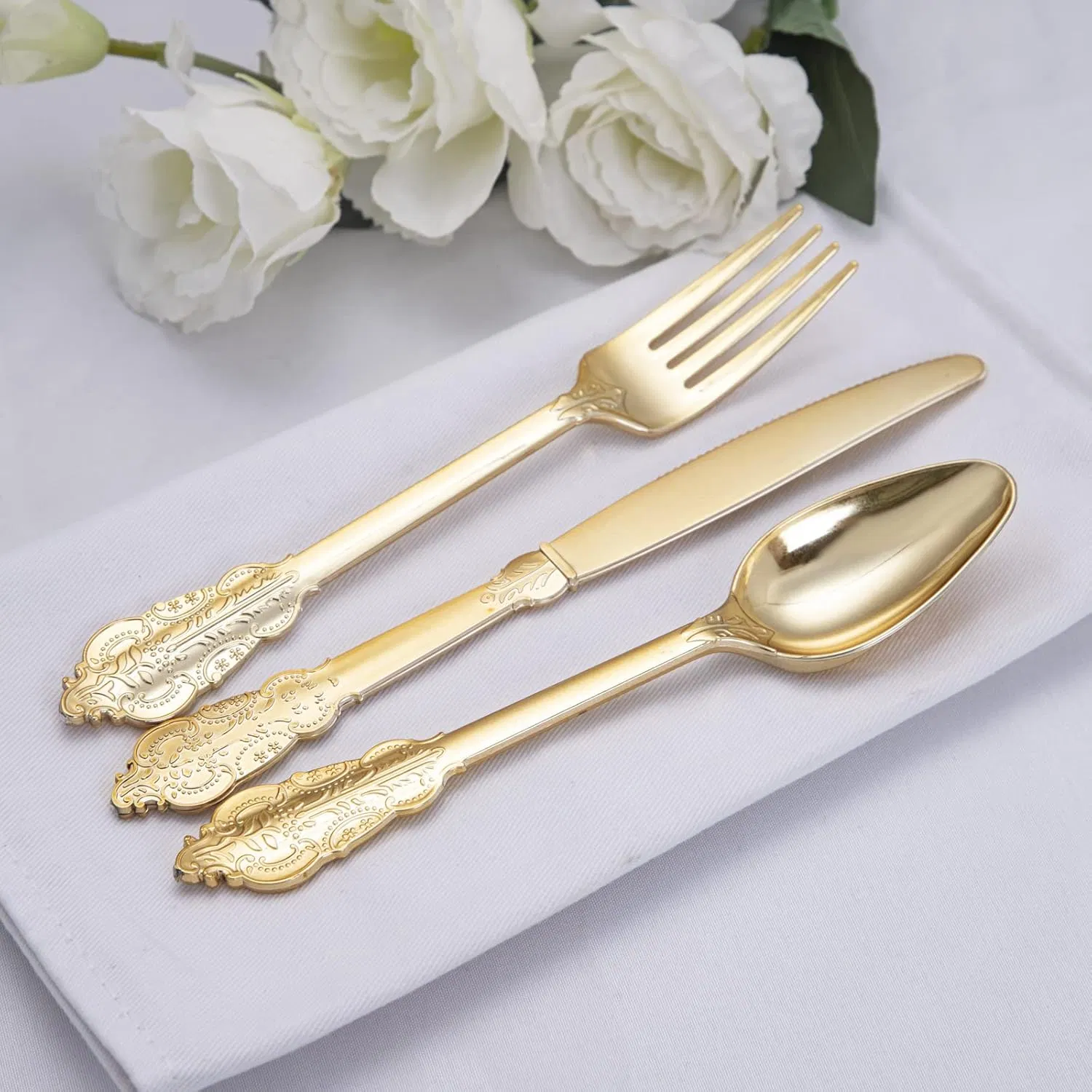 Gold Silverware Plastic Cutlery Forks Spoons Knives for Party&Wedding