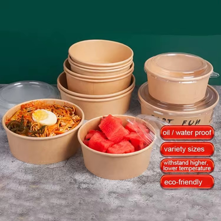 Hot Sale Cheap Customized Logo Salad Noodle Soup Cup White Take Away Salad Container Round Kraft Paper Bowl with Lid