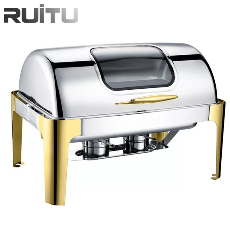 Buffetware Stoves restaurant Food Warmer Equipment High Quality Chaving Dish Gold Legs Silver Roll Top Round 6qt Cheap Economic Party Chafing Dishes for Sale