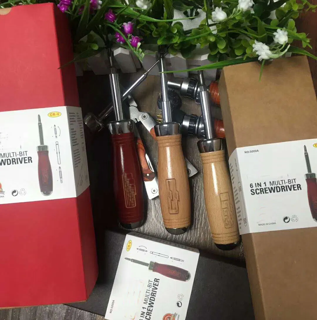 6 in 1 Professional Peach Wood Handle CRV Multi - Bits Screwdriver