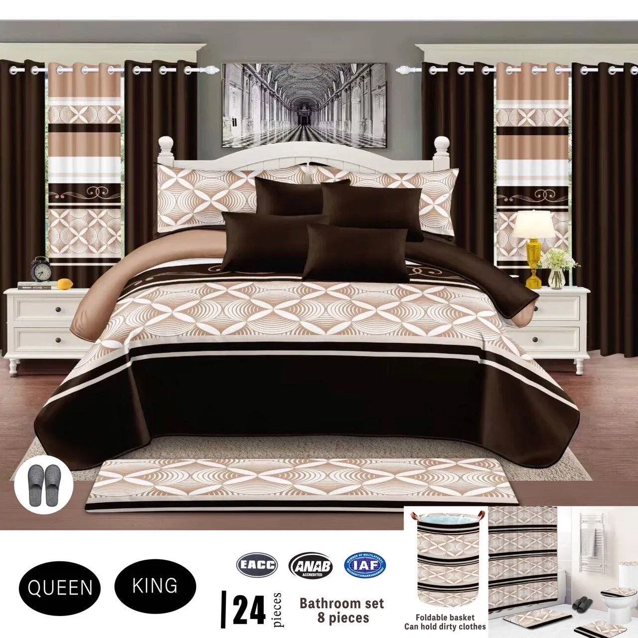 Bathroom 8PCS Suite Printed Quilted Bedding Set Black Polyester Home Hotel Textile 24-Pieces ODM Pillowcases Bedspread with Curtain Supplier