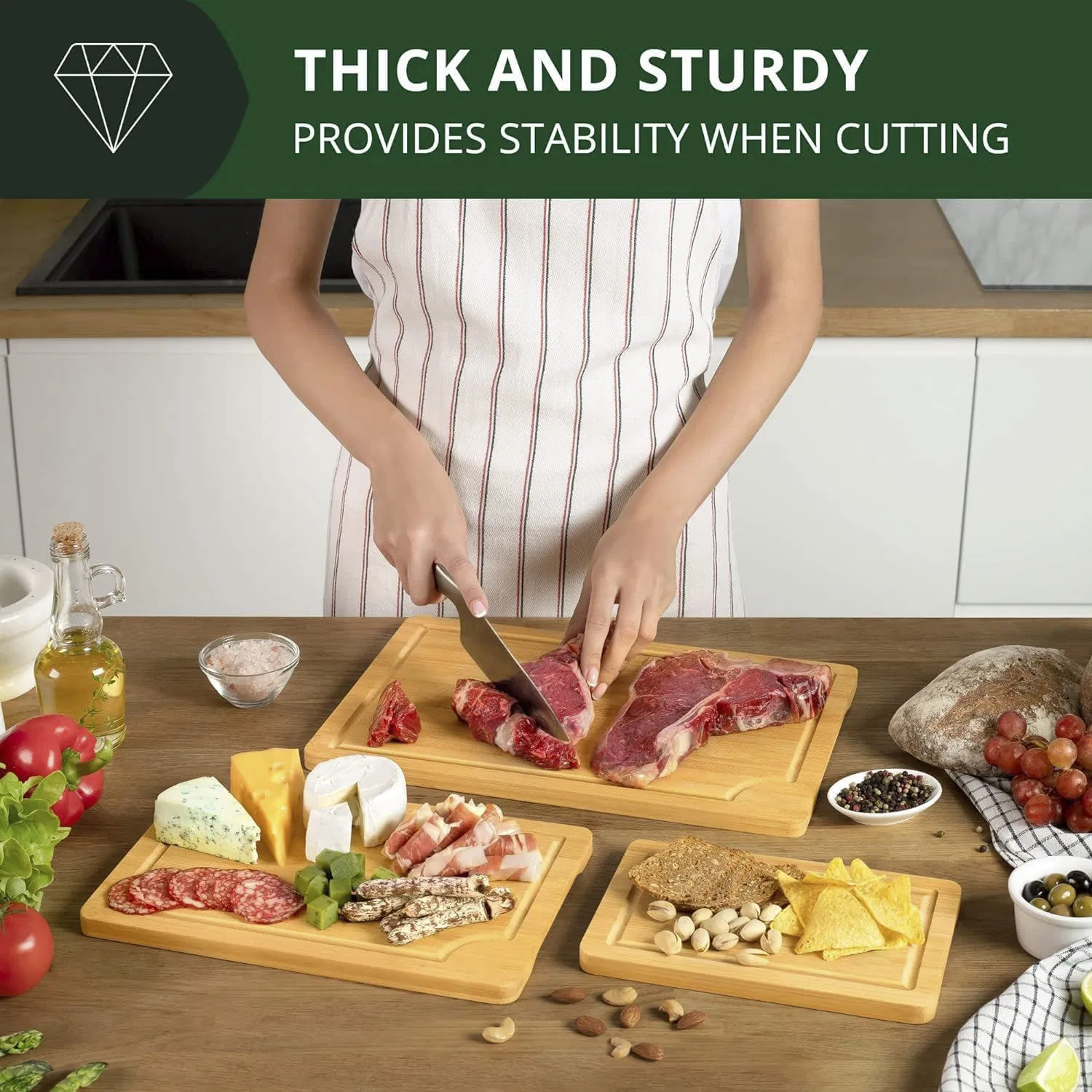 3-PC Bamboo Wood Chopping Board Three-Piece Set Household Kitchen Set Cutting Board Countertop Fruit Board