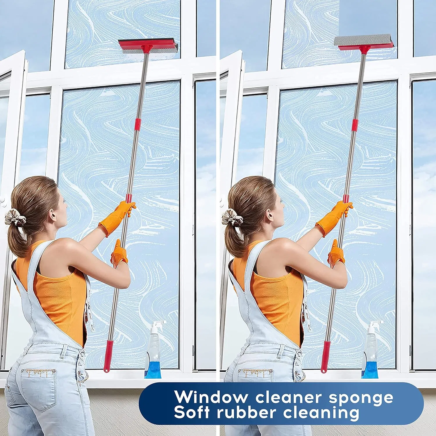 Standard Window Squeegee, 2-in-1 Window Cleaner with 55" Extension Poles, Window Washing Kit, Glass Door Cleaner, Multi-Use Car Windshield Cleaning Tool