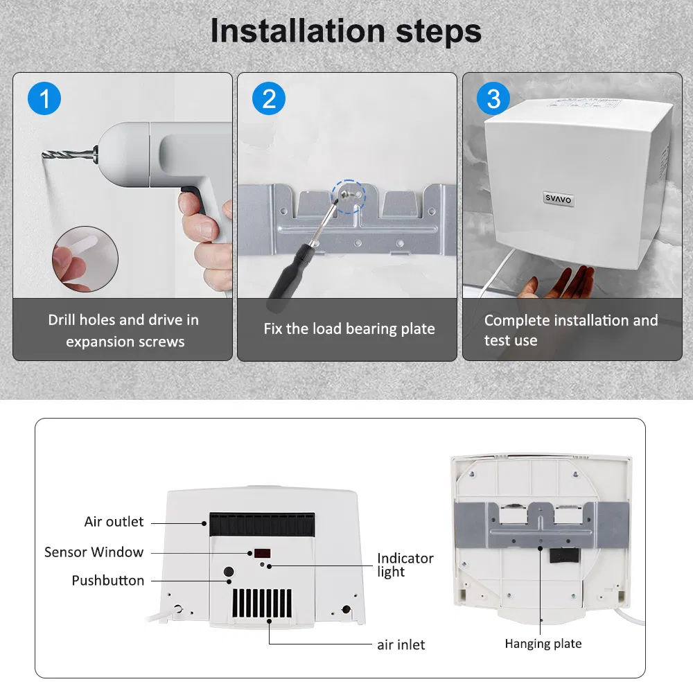 Commercial or Home Use Bathrooms Wall Mounted Small and Compact Auto Warm Wind Hand Dryer with Air Filter