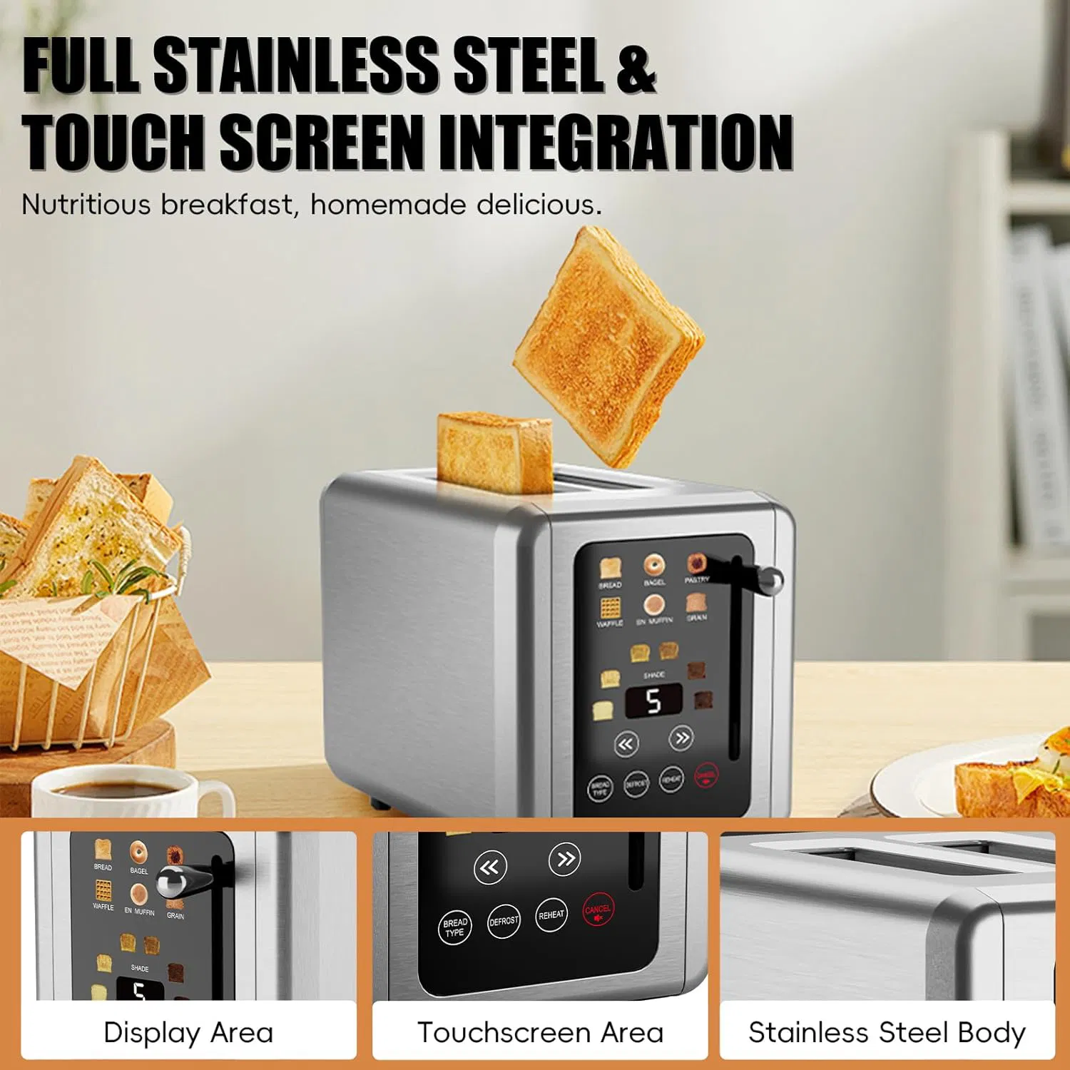 High Efficiency 2 Slice Commercial Pop-up Toaster with Touch Screen for Catering