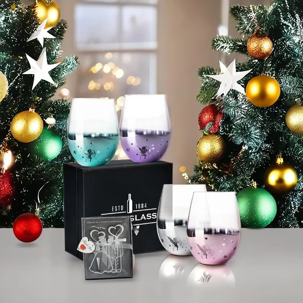 Shunstone Custom 4 Egg Shape Wine Glass Mug Electroplated Colorful Cupid Wine Glasses Gift Set for Family Gathering