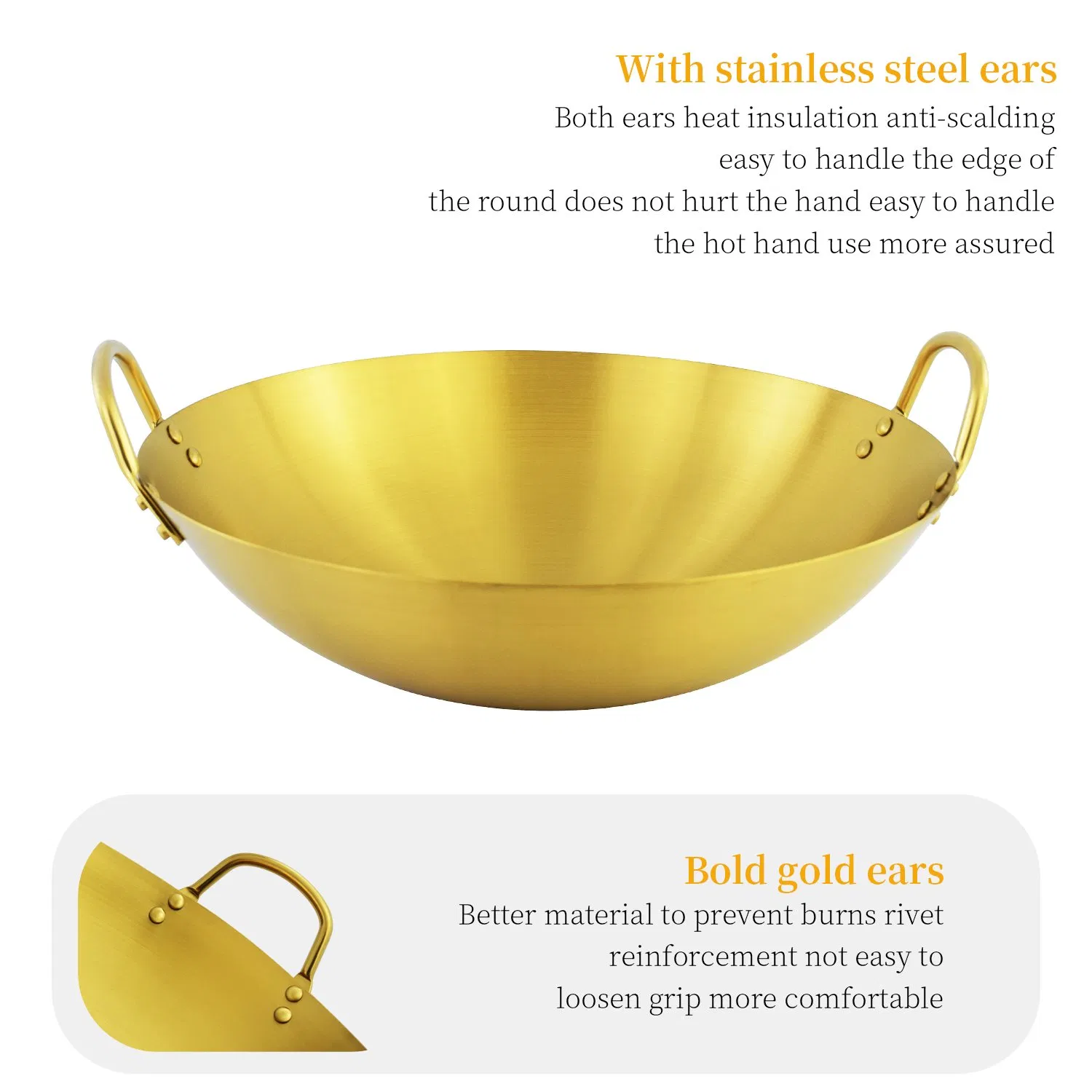 Thickened Stainless Steel Round Bottom Double Rivet Two Ear Dry Pan