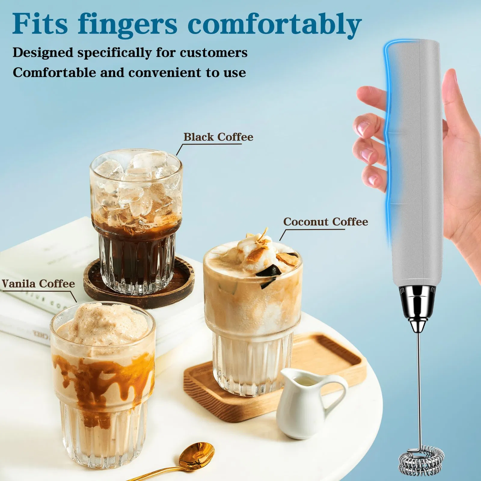 Rechargeable Milk Frother Handheld for Coffee, Electric Whisk 3 Speed Adjustable