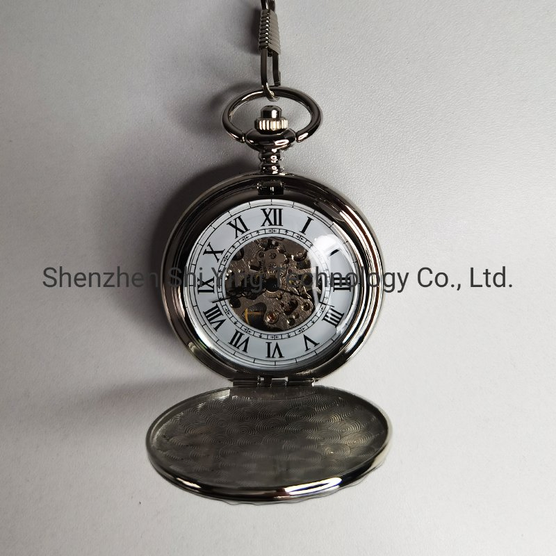 OEM Engraving Silver Tone Dual Open Mechanical Pocket Watch with Chain