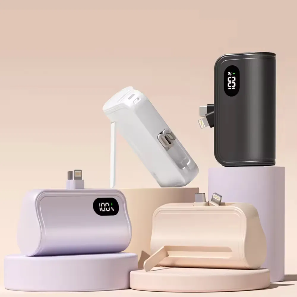 Custom Logo Small Pocket Ultra Slim Mobile Powerbank Outdoor Portable 5000mAh Mini Powerbank with Built-in Type-C Cable&Quick Charge