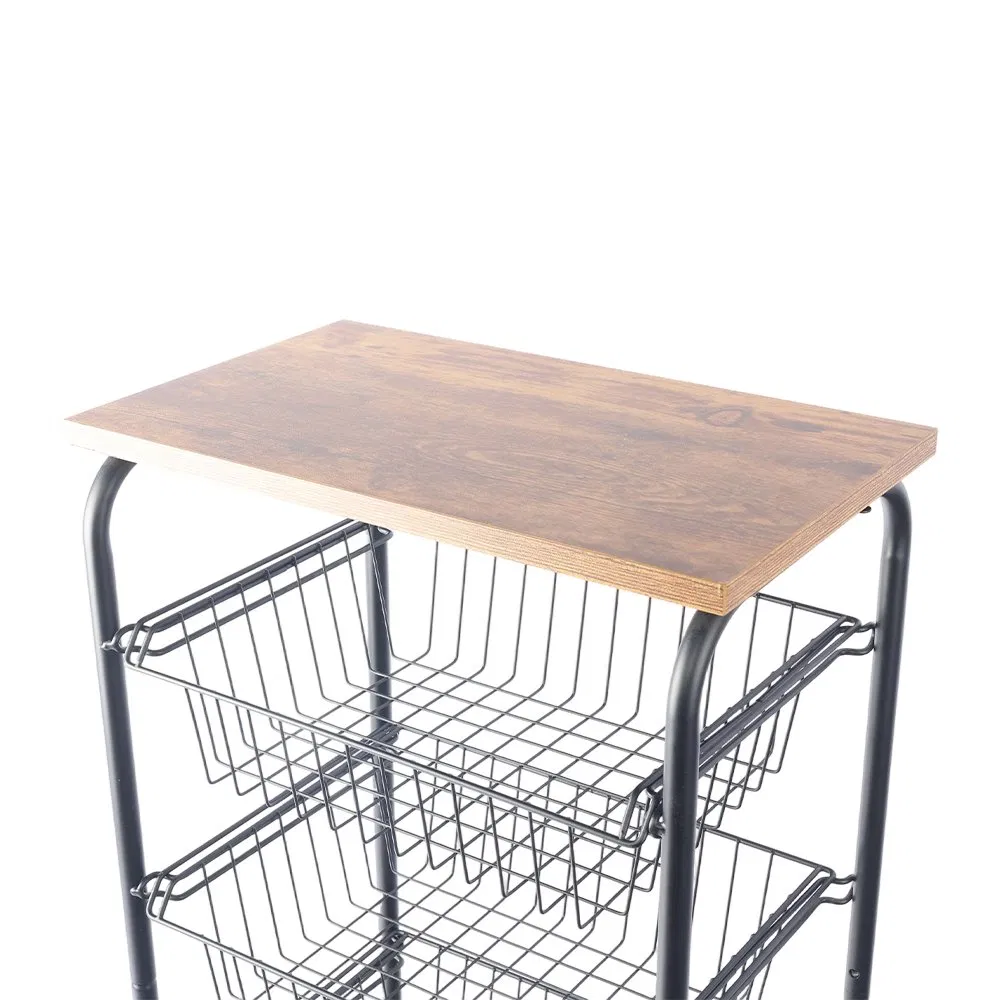 Мобильная кухонная тележка на колесах с 4 полками и корзиной