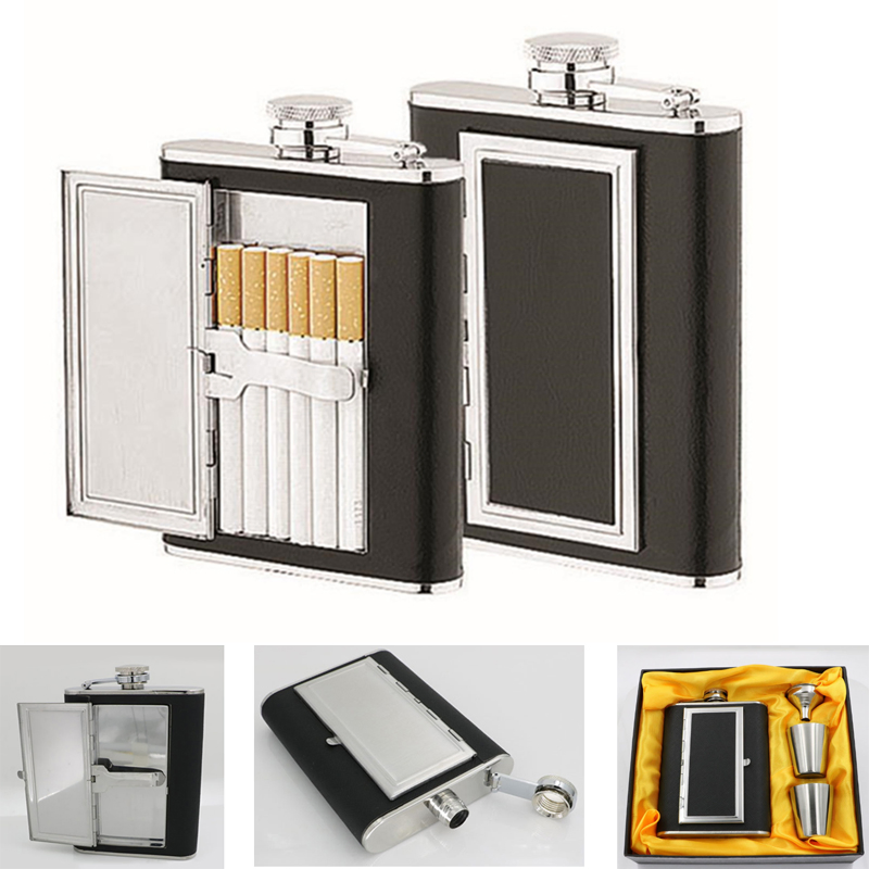 Creative Stainless Steel Drink Bottle Wine Pot Hip Flask with Cigarette Case