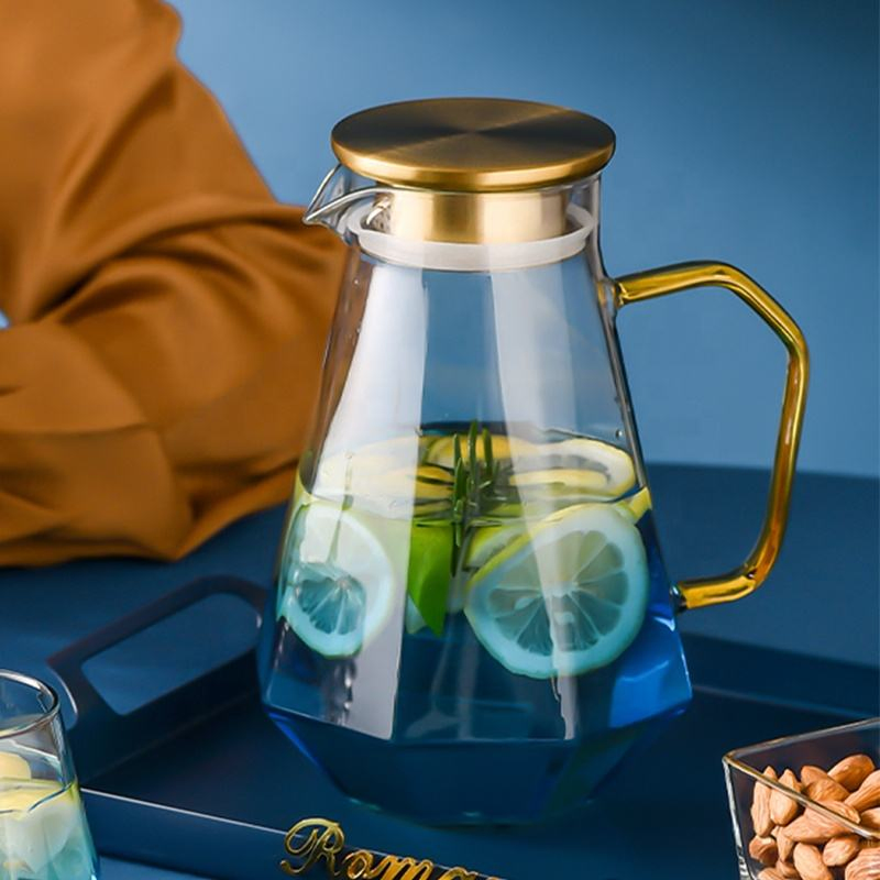 Luxury Blue Glass Water Kettle Set with Diamond Bottom and Golden Handle