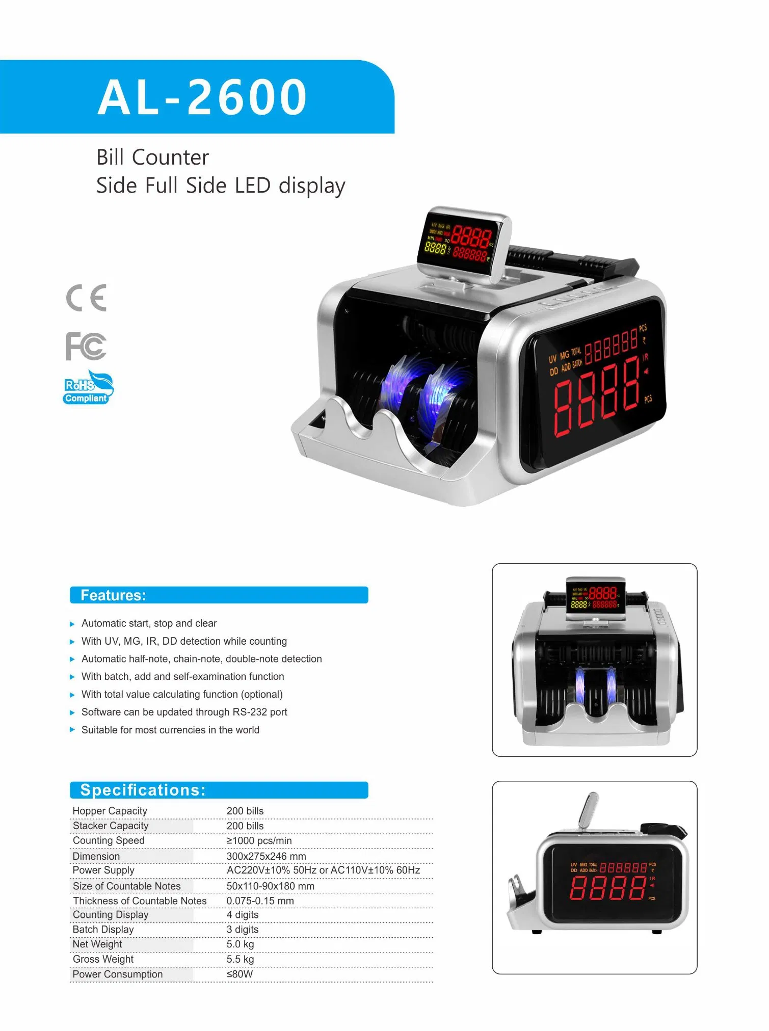 Al-2600 Multi Currency Counter Uvmg Counting Machine Bill Money Counter